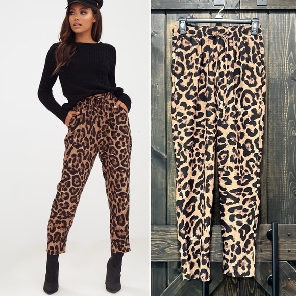 NWT PrettyLittleThing Pants Animal Print Size 4 Brown Leopard Tie Waist Cropped - Picture 1 of 7